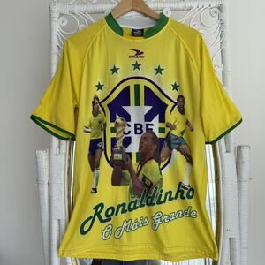Drako Brazil Soccer Jersey Mens One Size Yellow Ronaldinho 10 Pele Fan Shirt Y2K